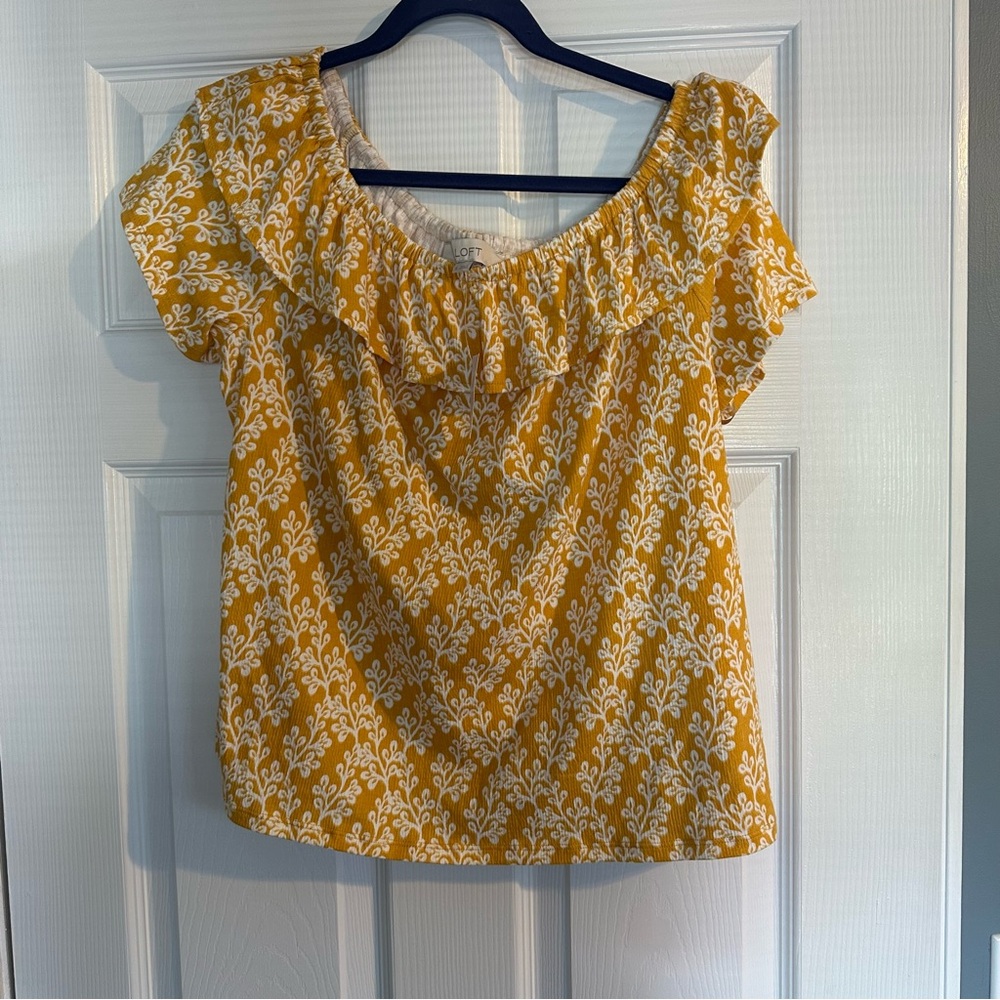LOFT Yellow Floral Pattern Ruffle Top Off Shoulder - Picture 2 of 5